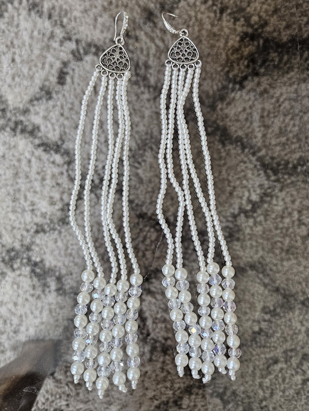 Source Unknown Silver-Tone White Pearl Fringe Earrings